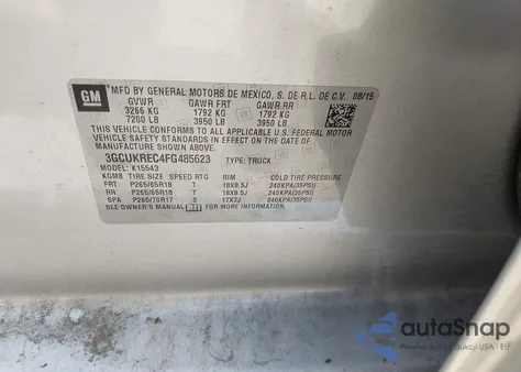 2015 Chevrolet Silverado 1500 2Lt from USA, damaged, VIN 3GCUKREC4FG485623